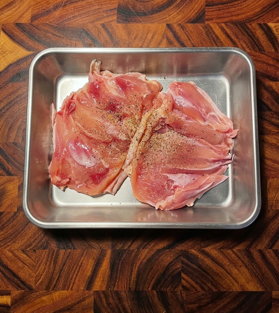 Gros plan sur des hauts de cuisse de poulet crus et désossés, assaisonnés de poivre noir dans un plat en acier inoxydable.