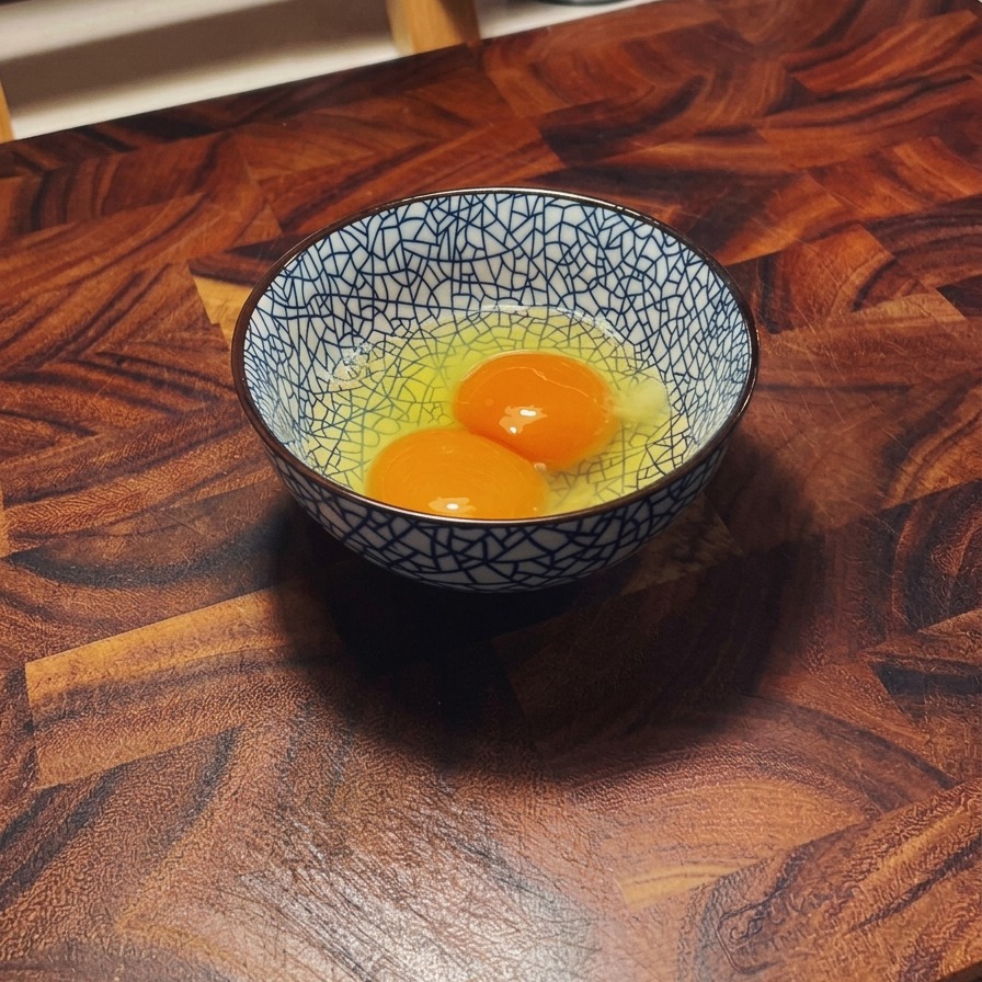 Deux œufs crus dans un bol en céramique aux motifs bleus et blancs posé sur une surface en bois.