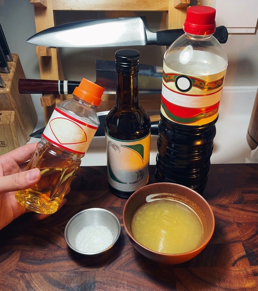Bouteilles de condiments japonais traditionnels et petits bols contenant du sucre et du bouillon disposés sur un plan de travail.