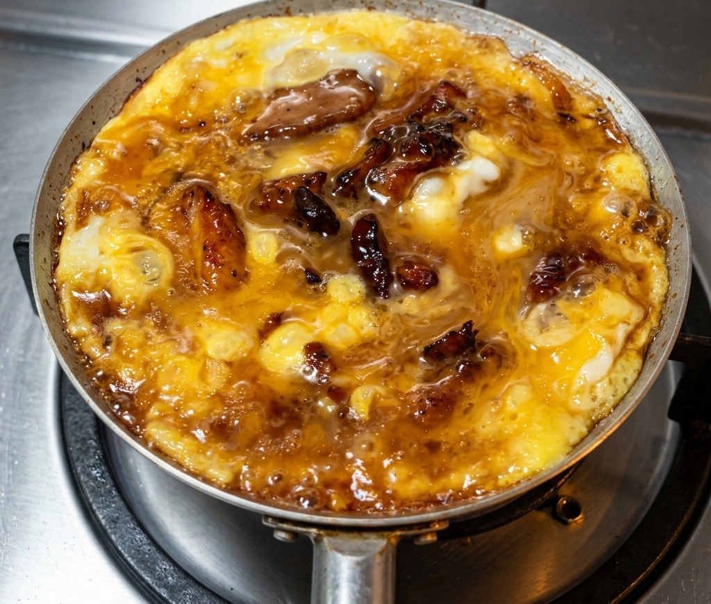 Gros plan sur un oyakodon dans une poêle avec des œufs parfaitement semi-pris, brillants et baveux.