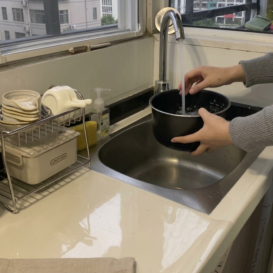 Une personne lavant le riz à grande eau directement dans la cuve noire sous le robinet de la cuisine.