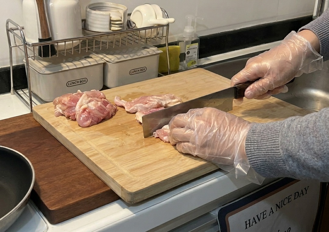 Des mains gantées coupant des morceaux de cuisses de poulet crues sur une planche en bois avec un couteau de chef bien aiguisé.