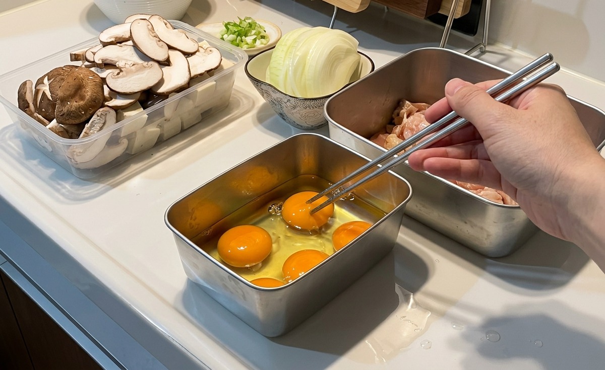 Des baguettes en métal perçant les jaunes de plusieurs œufs crus dans un récipient rectangulaire entouré de bols de préparation.