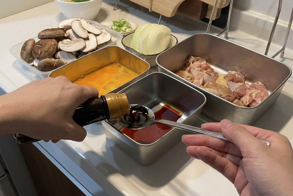 Une personne versant de la sauce soja depuis une bouteille dans une cuillère au-dessus dun récipient contenant la base liquide.