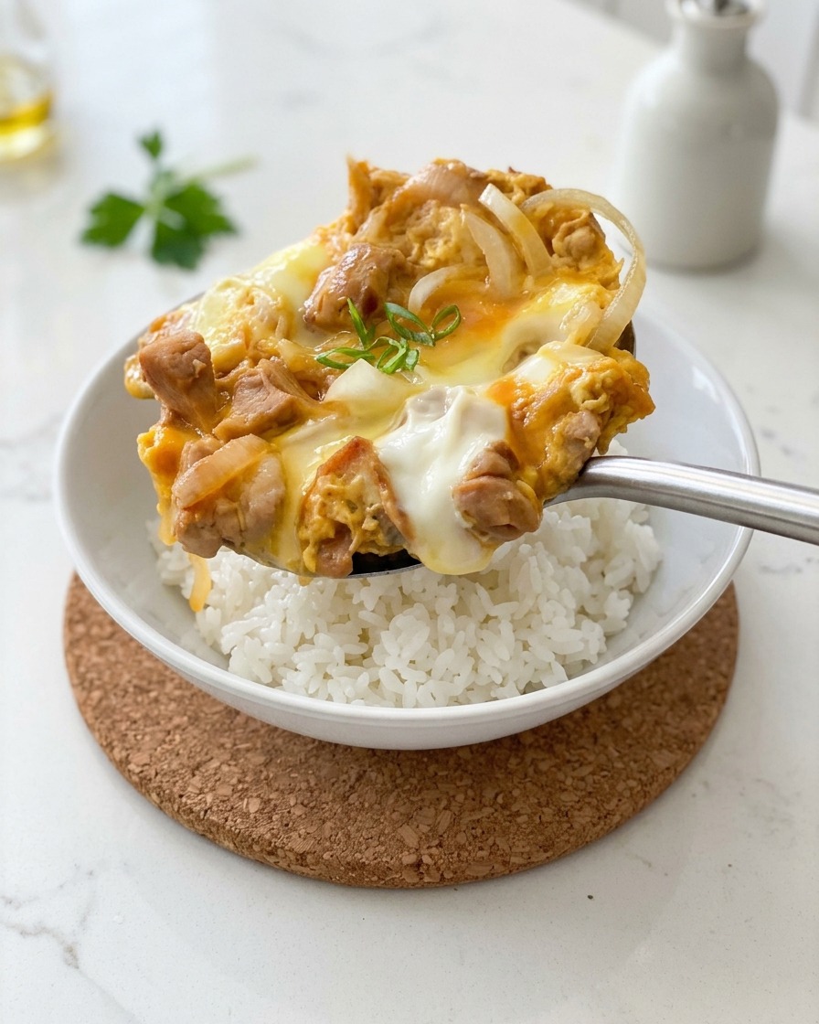Une grande cuillère en métal déposant une généreuse portion de poulet et dœufs crémeux sur un bol de riz blanc fumant.