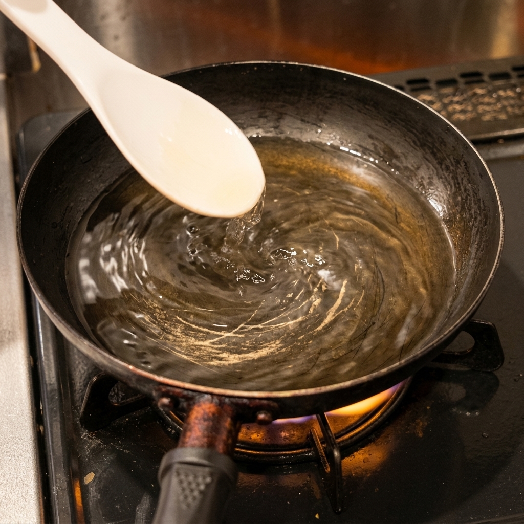 Assaisonnement liquide versé depuis une cuillère blanche dans une poêle sombre contenant de leau frémissante.