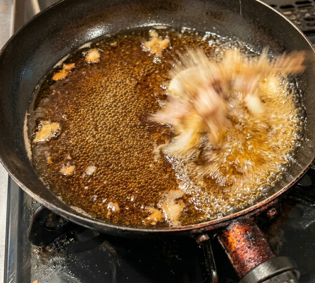 Pinces en bois déposant des morceaux de poulet rose cru dans une sauce sombre frémissante au sein dune poêle.