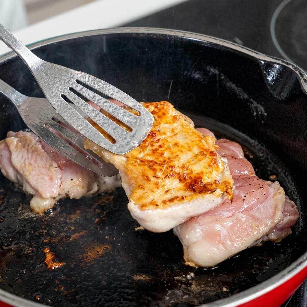 Une spatule soulevant un morceau de poulet pour montrer une peau croustillante et bien dorée.