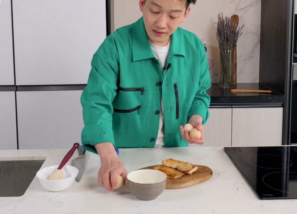 Un cuisinier cassant des oeufs frais dans un bol en céramique sur un plan de travail propre.