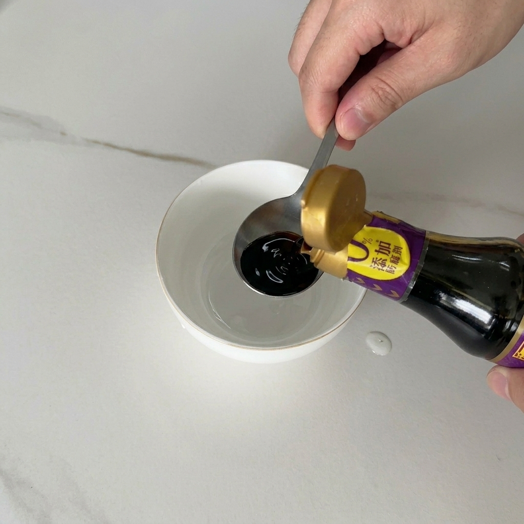 Sauce soja foncée versée dune bouteille dans un petit bol en céramique blanche contenant dautres ingrédients liquides.