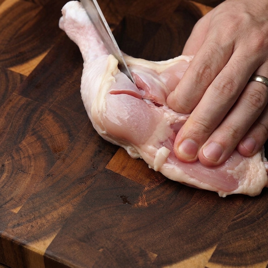 Mains utilisant un couteau aiguisé pour désosser soigneusement une cuisse de poulet crue sur une planche en bois sombre.