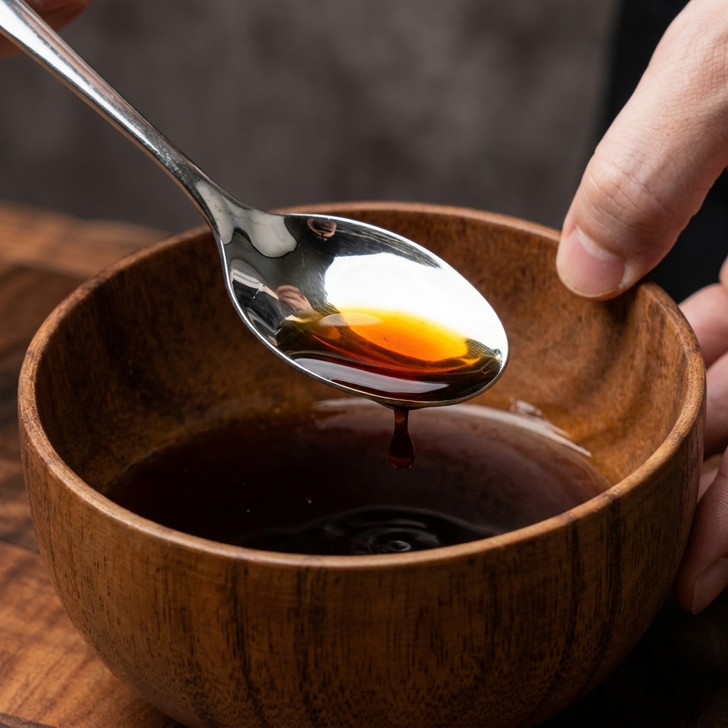 Une cuillère en métal soulevant une sauce japonaise sombre et brillante dun petit bol en bois.
