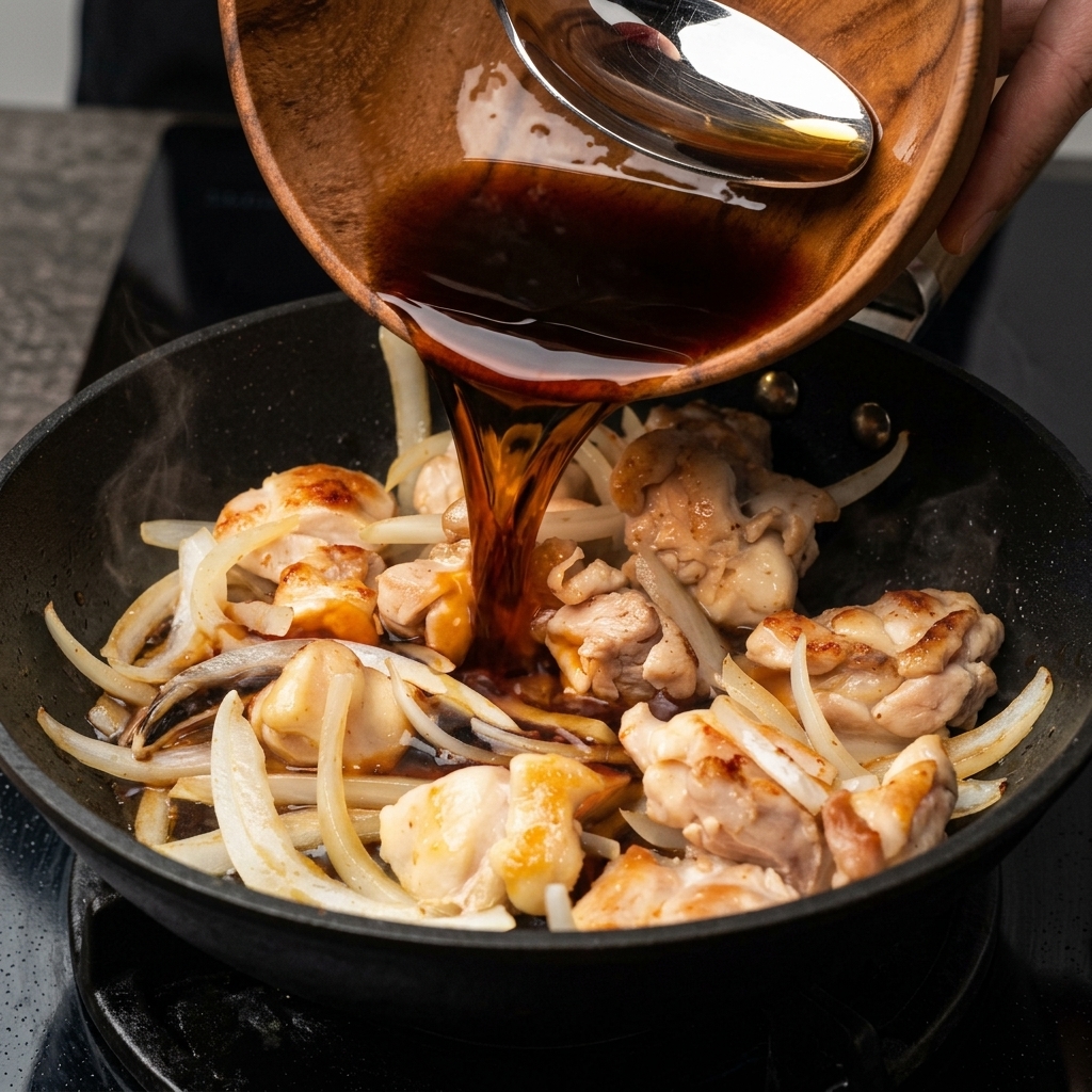 Sauce sombre et savoureuse versée dun bol en bois dans une poêle remplie de poulet et doignons.