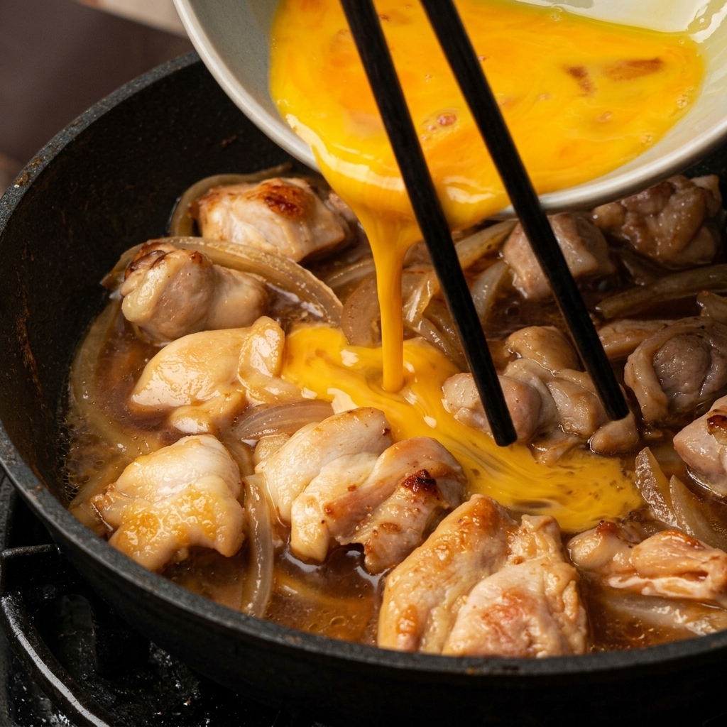 Un filet dœufs battus jaune vif versé dun bol en céramique dans une poêle de poulet et doignons frémissants.