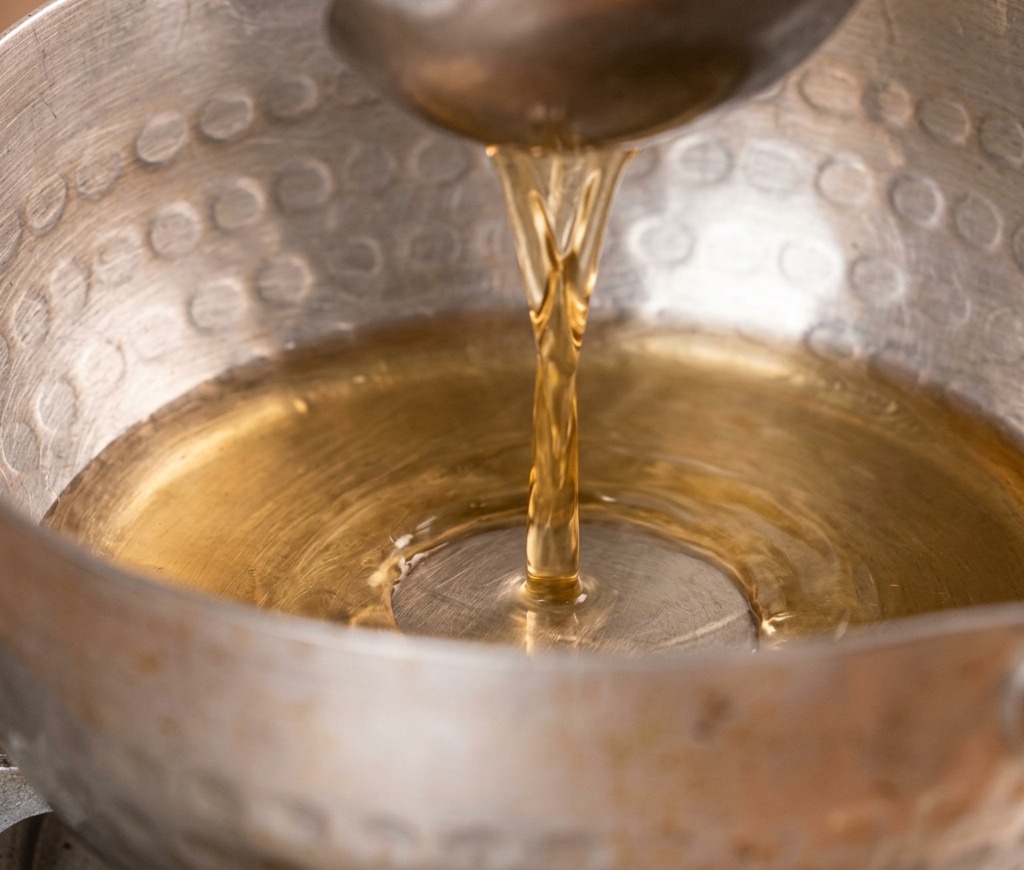 Bouillon dashi transparent versé dune louche en inox dans une marmite en métal sur une cuisinière.