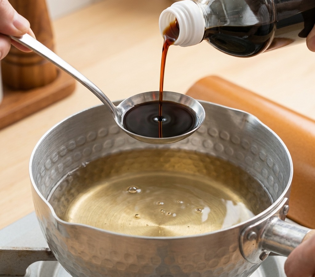Sauce soja versée dune bouteille dans une louche au-dessus dune casserole de bouillon dashi.