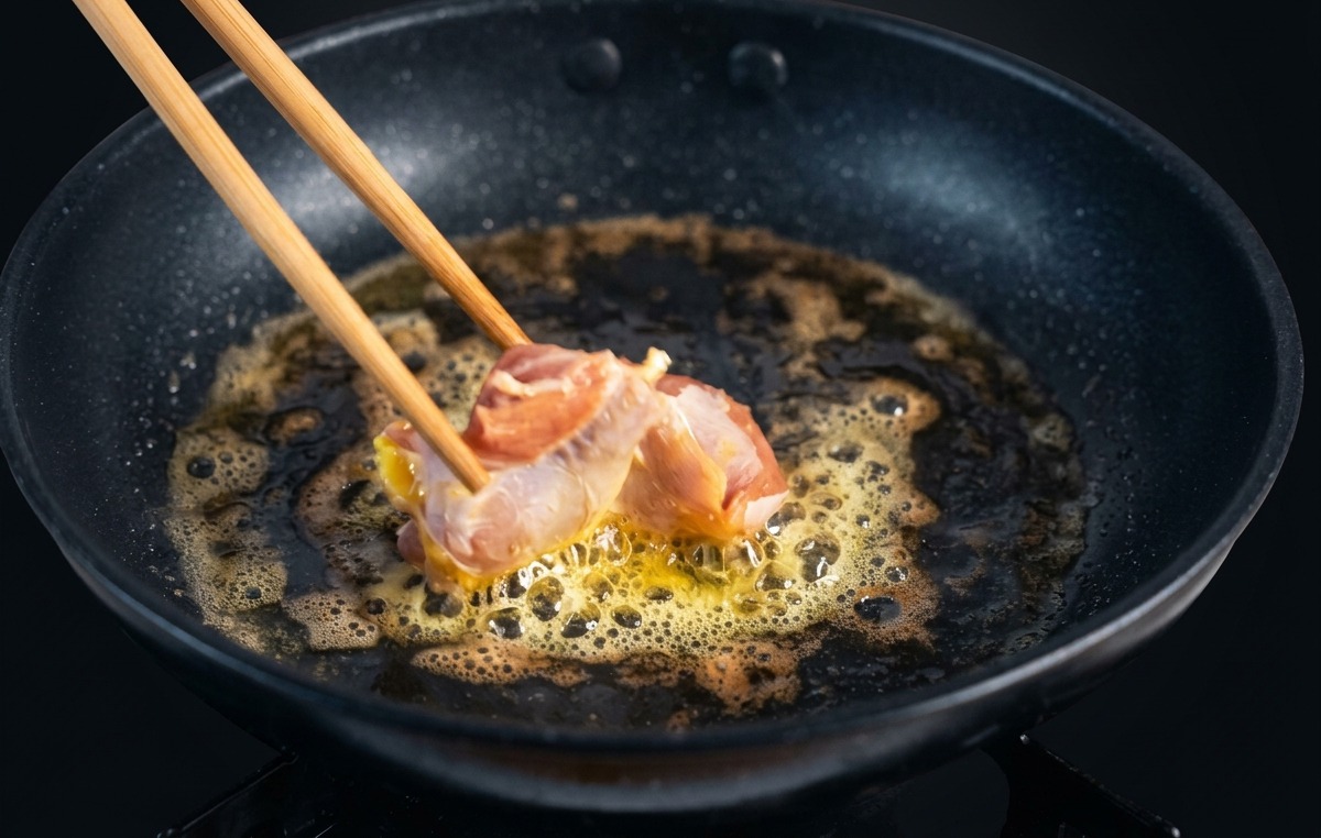 Des baguettes en bois déposant des morceaux de hauts de cuisse de poulet crus dans une poêle de beurre fondu frémissant.