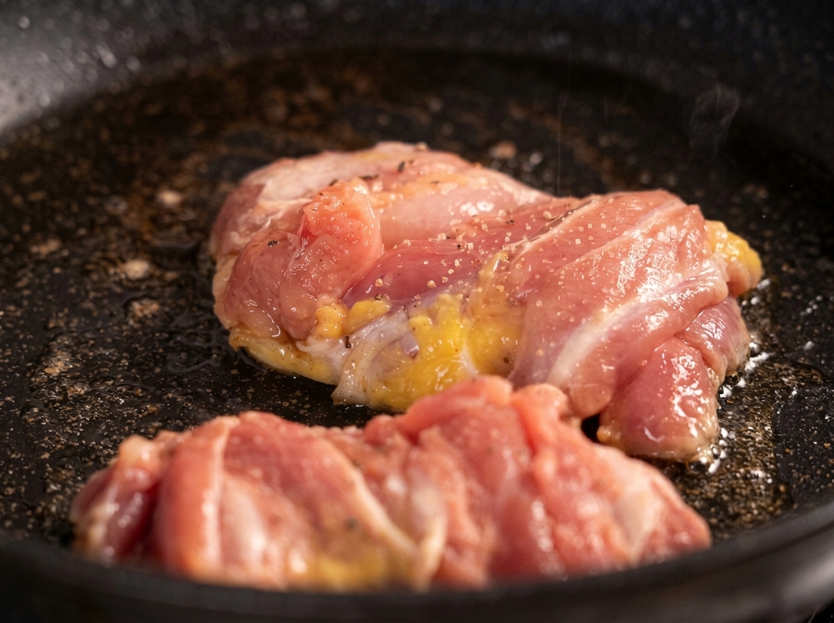 Gros plan sur des morceaux de poulet qui saisissent dans une poêle, saupoudrés de grains de poivre noir visibles.