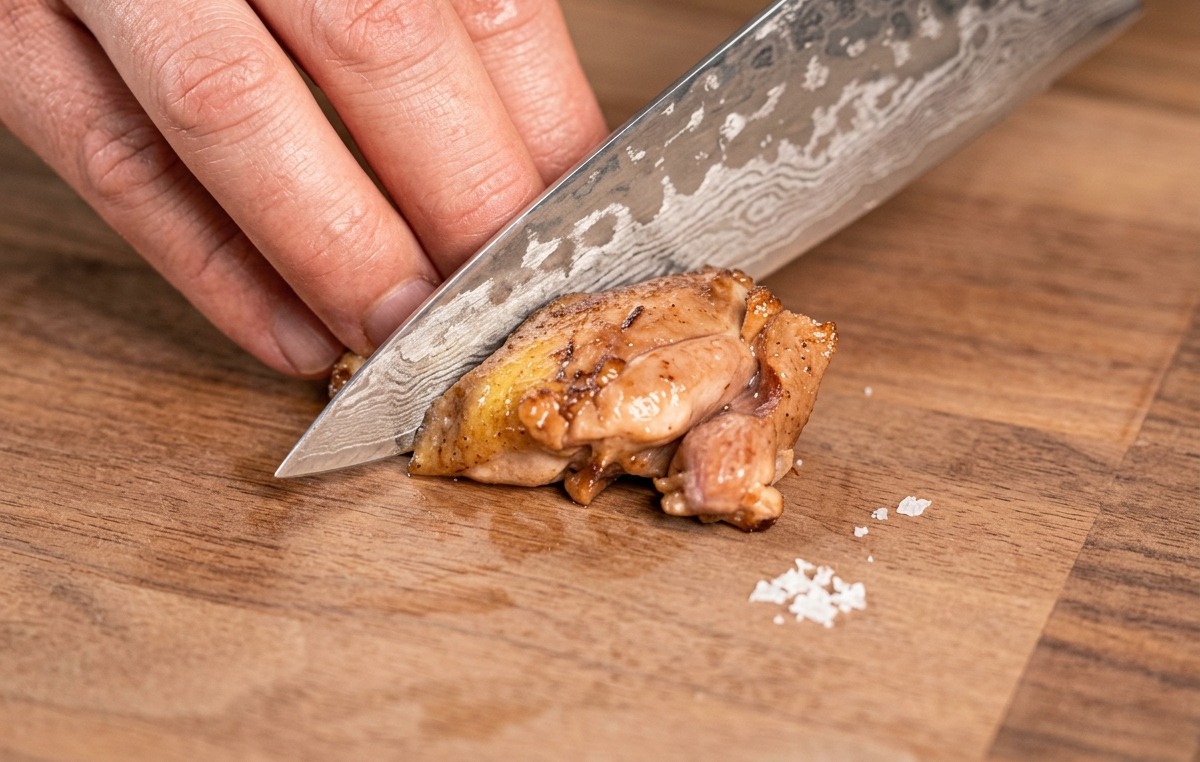 Un couteau de chef bien aiguisé coupant un morceau de haut de cuisse de poulet doré sur une planche en bois.