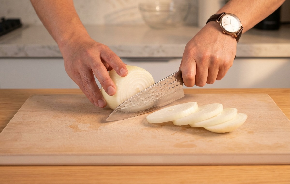 Une personne utilisant un couteau de chef pour émincer finement un oignon blanc en lamelles sur une planche à découper.