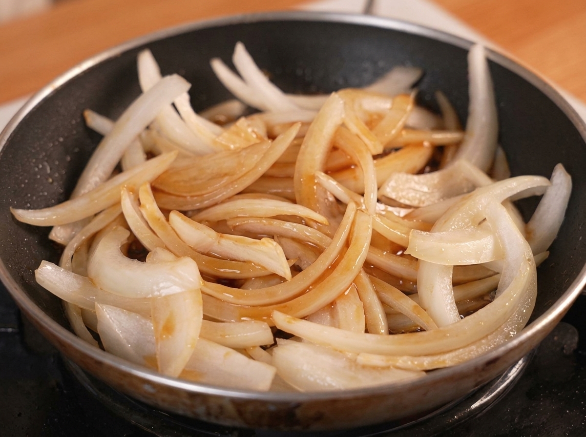 Lamelles doignon blanc dans une petite poêle, recouvertes dun mélange de dashi et de sauce soja marron foncé.