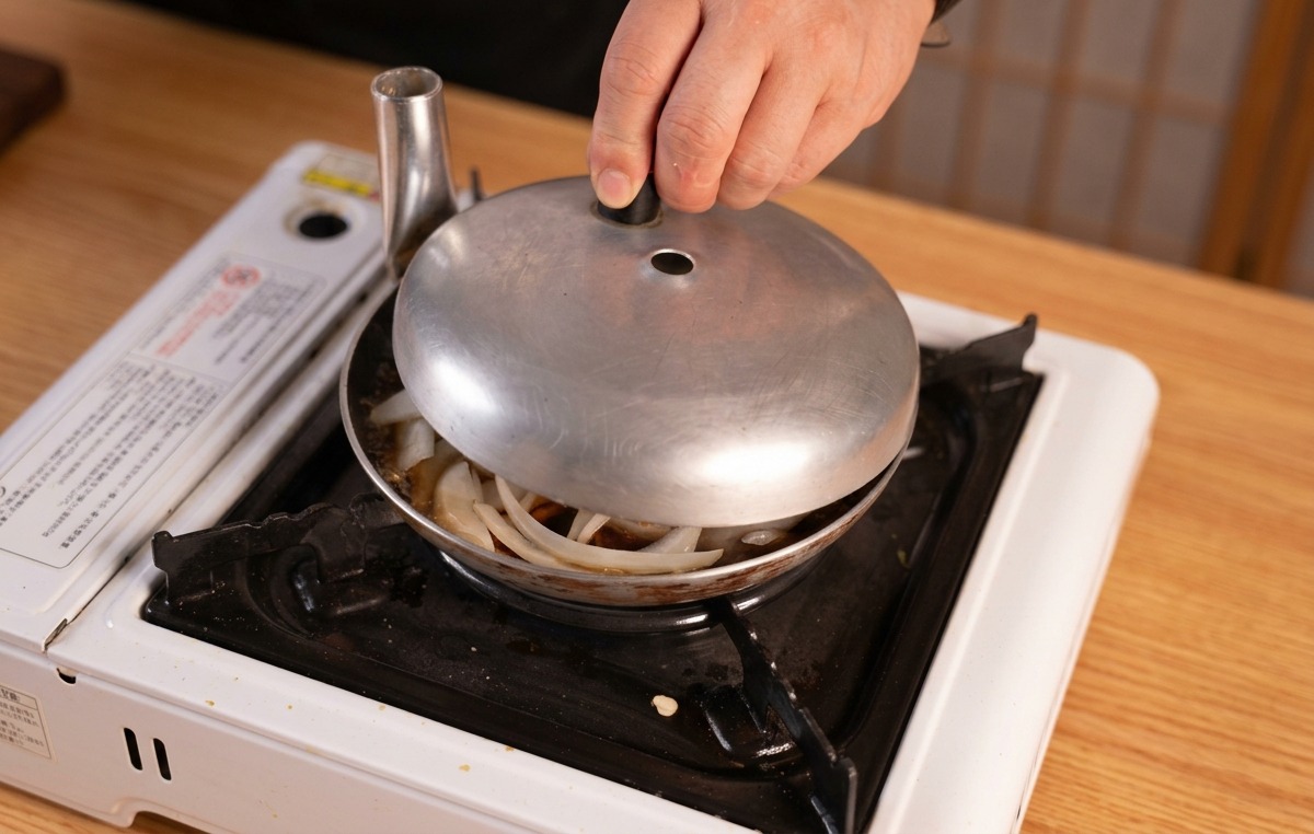 Une main posant un petit couvercle en métal sur une poêle pour faire étuver et pocher des oignons dans la sauce.