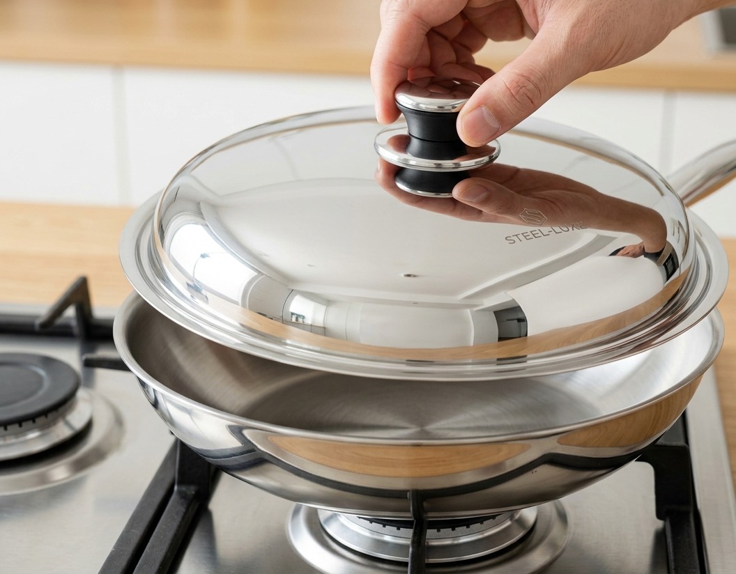Une personne posant un couvercle en inox sur une poêle peu profonde pour laisser étuver le mélange de poulet et dœuf.