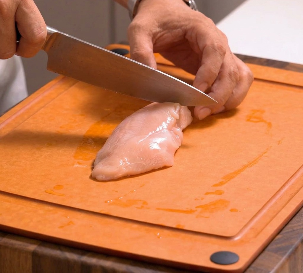 Un chef utilisant un couteau bien aiguisé pour couper un blanc de poulet cru en fines lamelles sur une planche en bois.