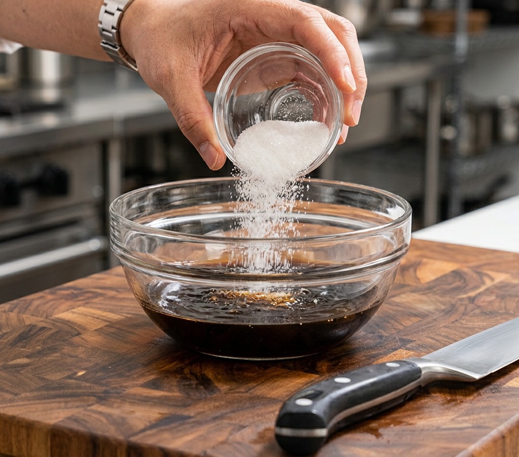 Du sucre en poudre versé depuis un petit ramequin en verre dans un bol contenant les ingrédients liquides de la sauce.