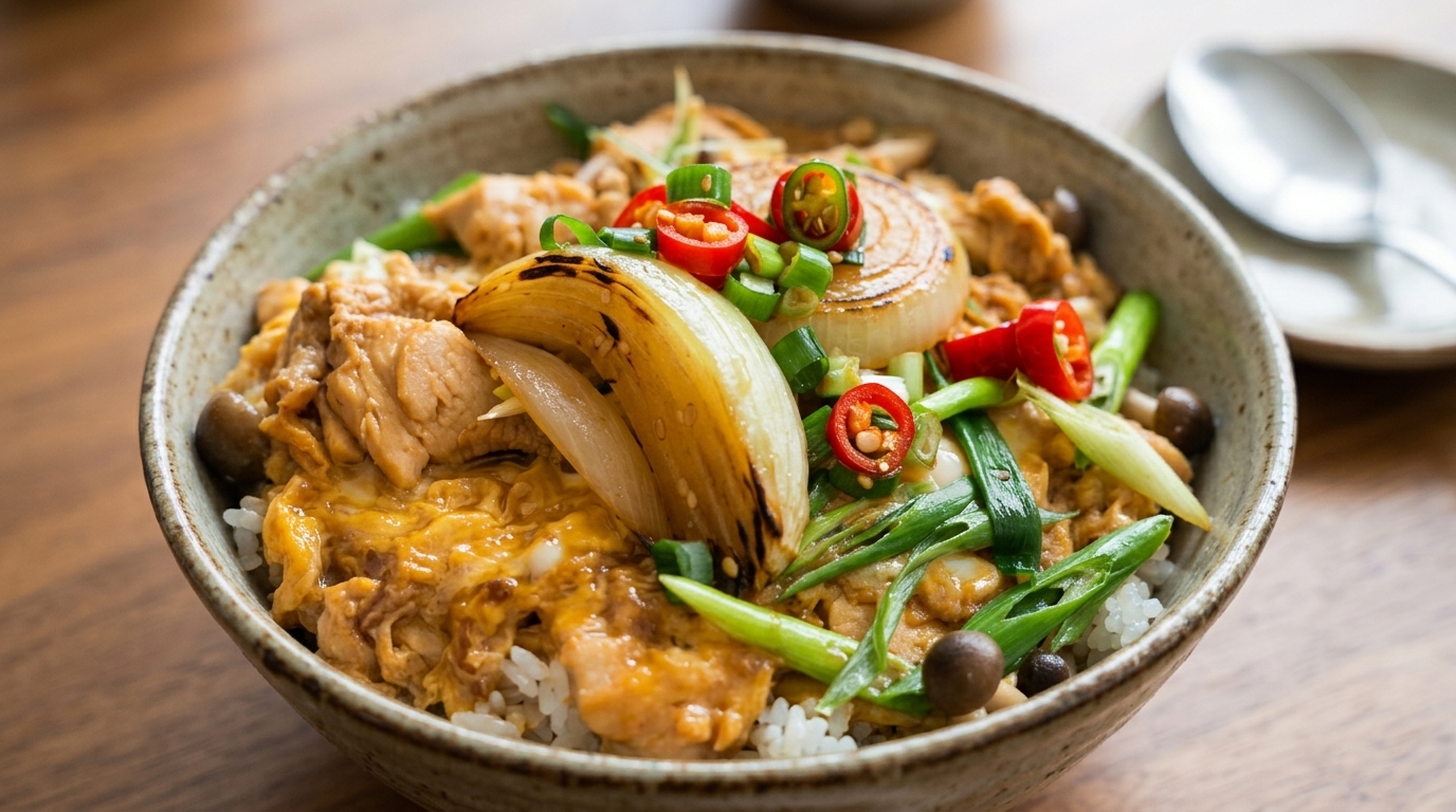 Oyakodon traditionnel japonais (Bol de riz au poulet et à l'œuf)