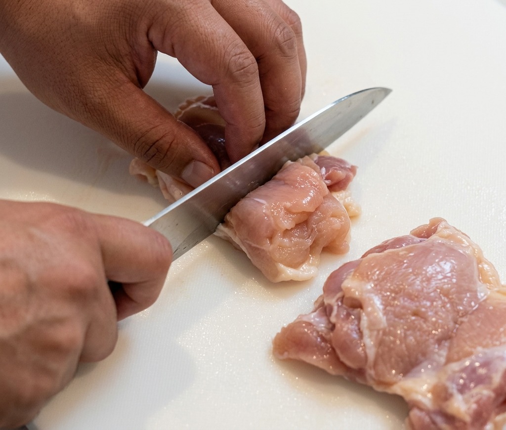 Une personne coupe des morceaux de haut de cuisse de poulet cru sur une planche à découper blanche.