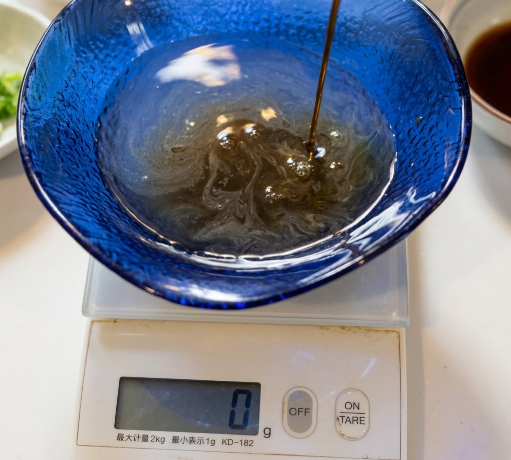 Un liquide foncé est versé dans un bol en verre bleu posé sur une balance de cuisine digitale.