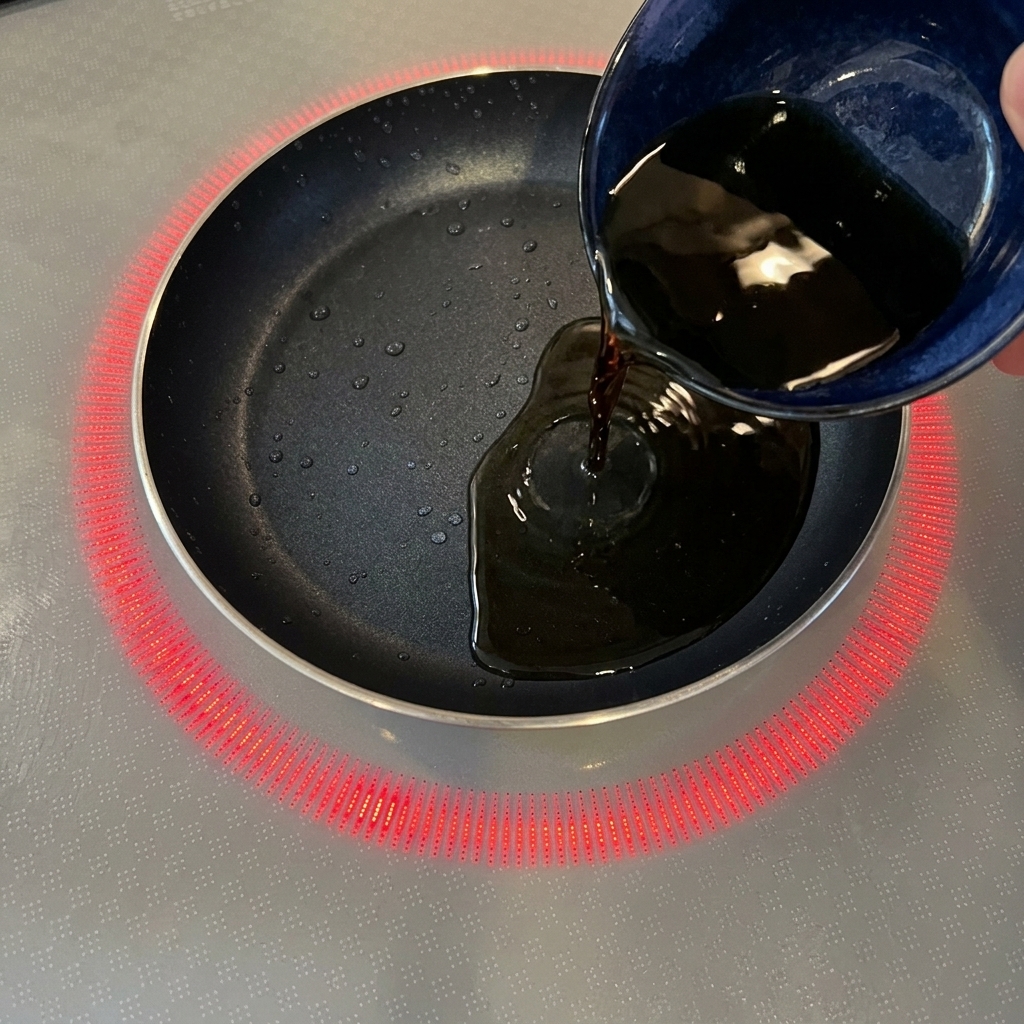 Une sauce savoureuse et foncée est versée dun bol bleu dans une petite poêle antiadhésive.