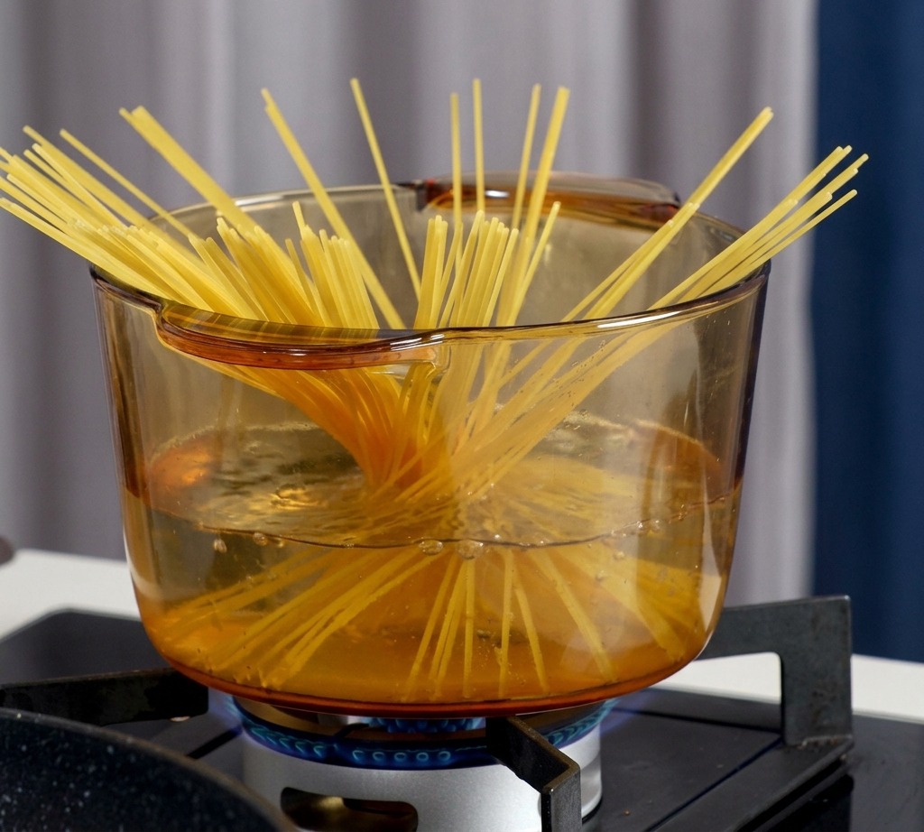 Des spaghetti secs debout dans une casserole deau bouillante sur une cuisinière.