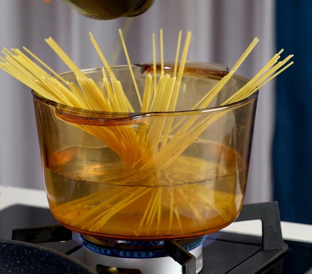 Verser de lhuile dolive et du sel dans une casserole deau bouillante contenant des spaghetti.