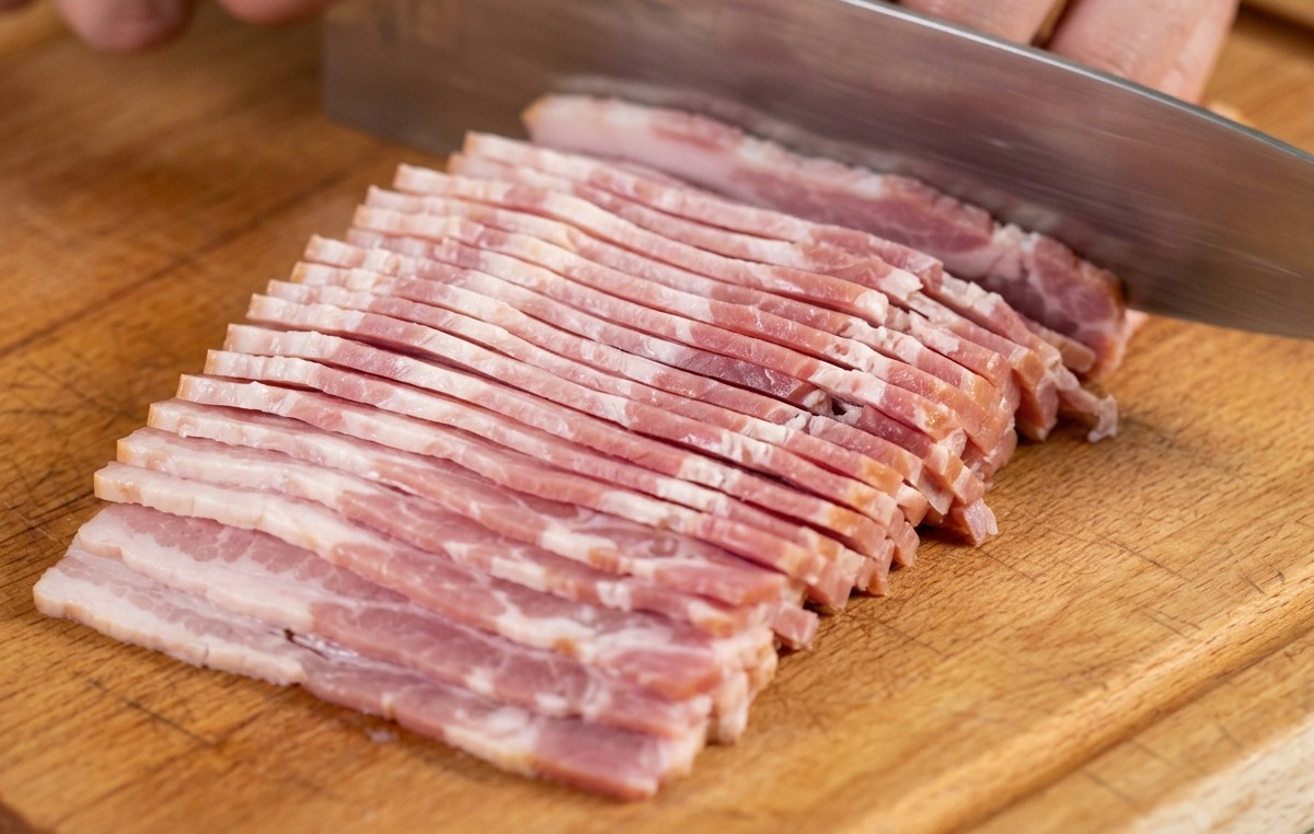 Gros plan dun chef coupant des tranches de bacon cru sur une planche en bois avec un couteau bien aiguisé.