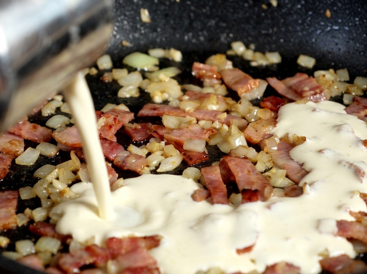 Crème liquide épaisse versée dun récipient métallique dans une poêle de bacon et doignons.