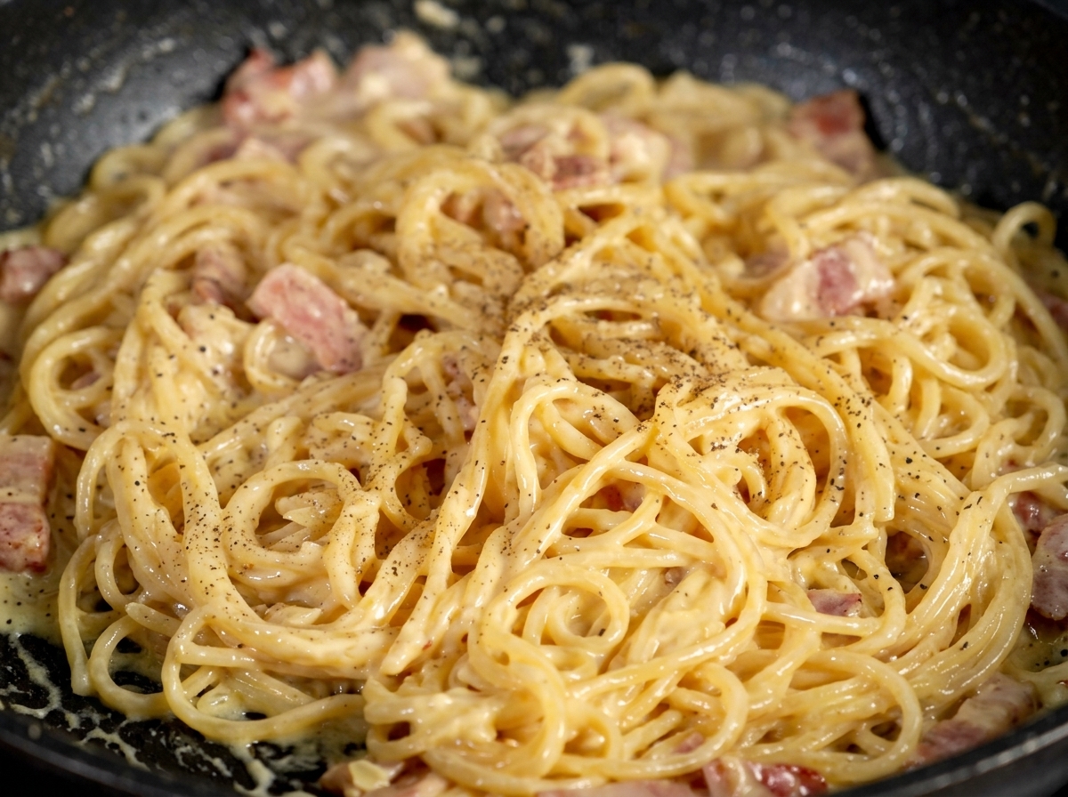 Gros plan de spaghetti nappés dune sauce brillante avec des lardons, généreusement assaisonnés de poivre noir fraîchement moulu.