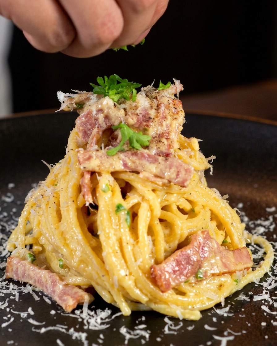 Main saupoudrant du persil frais haché sur un dôme de pâtes crémeuses aux lardons.