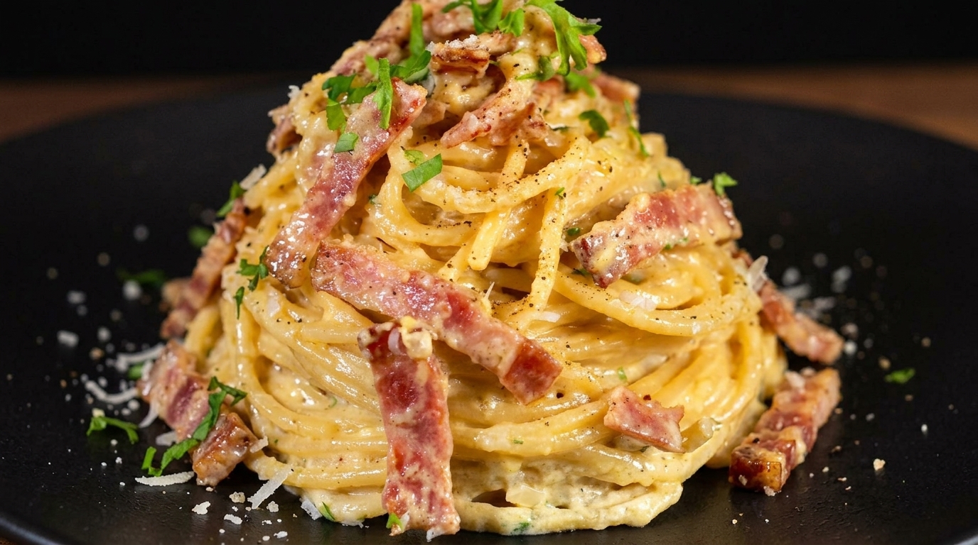 Spaghetti crémeux aux lardons et au parmesan