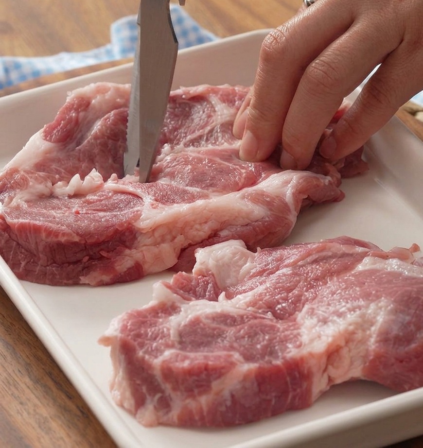 Gros plan sur des ciseaux de cuisine coupant les tissus conjonctifs blancs dune tranche déchine de porc crue et persillée.