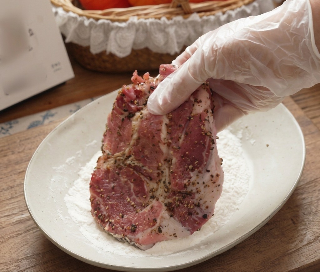 Une main gantée enrobant une tranche de porc assaisonnée dans une assiette de farine blanche.