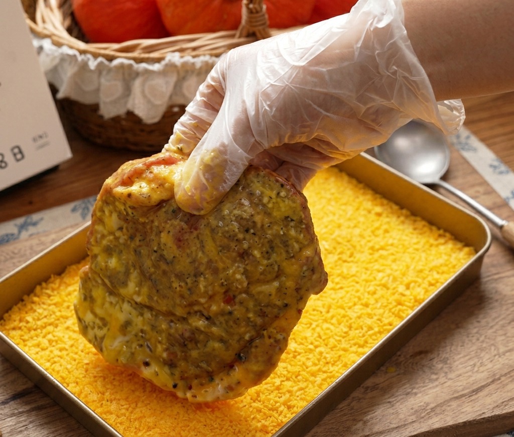 Une main gantée pressant une tranche de porc panée dans un plat peu profond rempli de chapelure panko dorée.