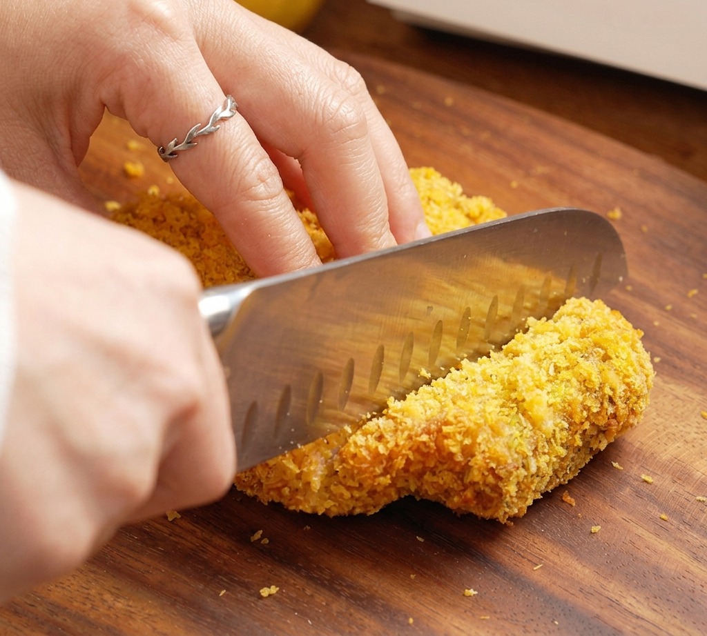 Gros plan dun couteau à dents tranchant une escalope de porc panée épaisse et bien dorée sur une planche en bois.