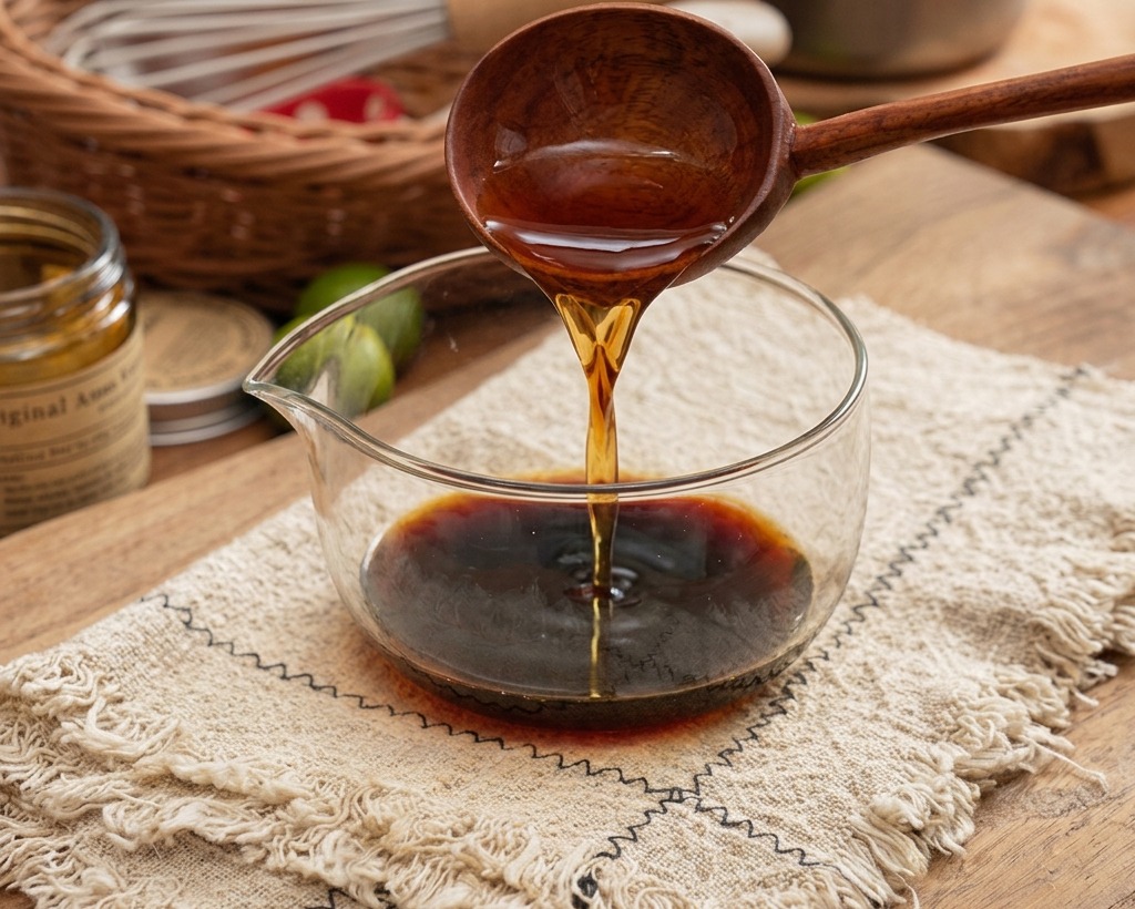 Une louche en bois versant une sauce liquide foncée dans un bol en verre transparent posé sur un tissu beige rustique.