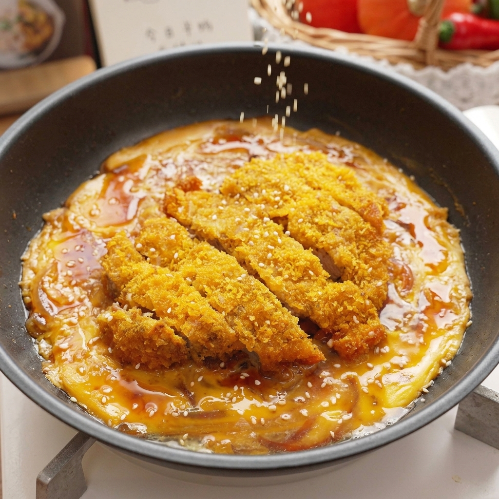 Graines de sésame blanc torréfiées saupoudrées sur une poêle de porc pané et dœufs fondants dans une sauce savoureuse.