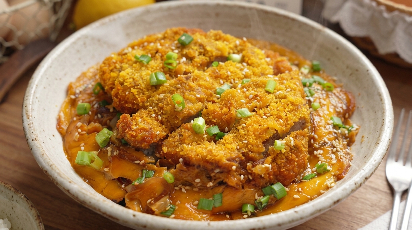 Katsudon au four croustillant (Bol de riz japonais au porc pané et à l'œuf)