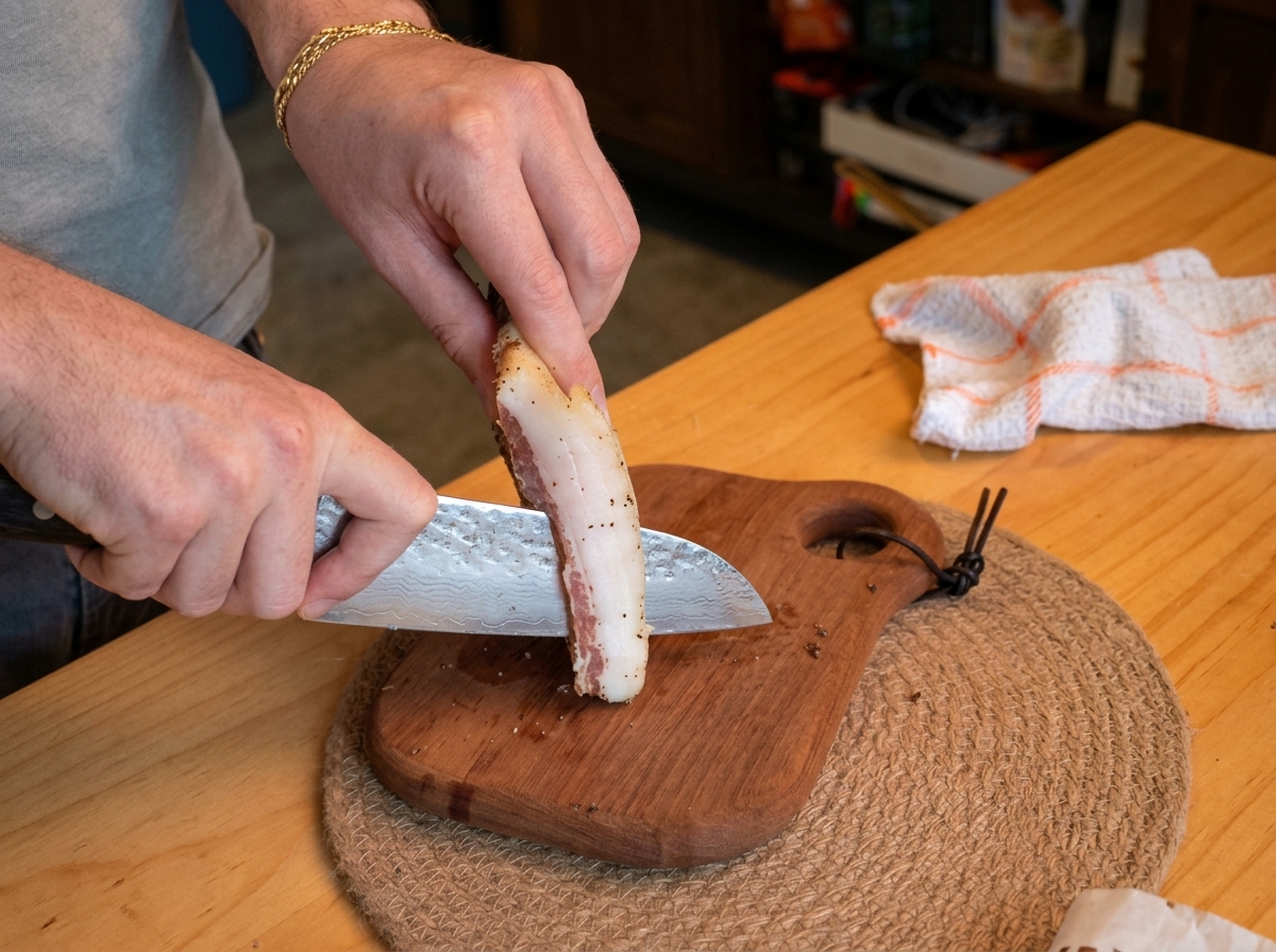 Mains tranchant du guanciale en bâtonnets épais sur une planche en bois.