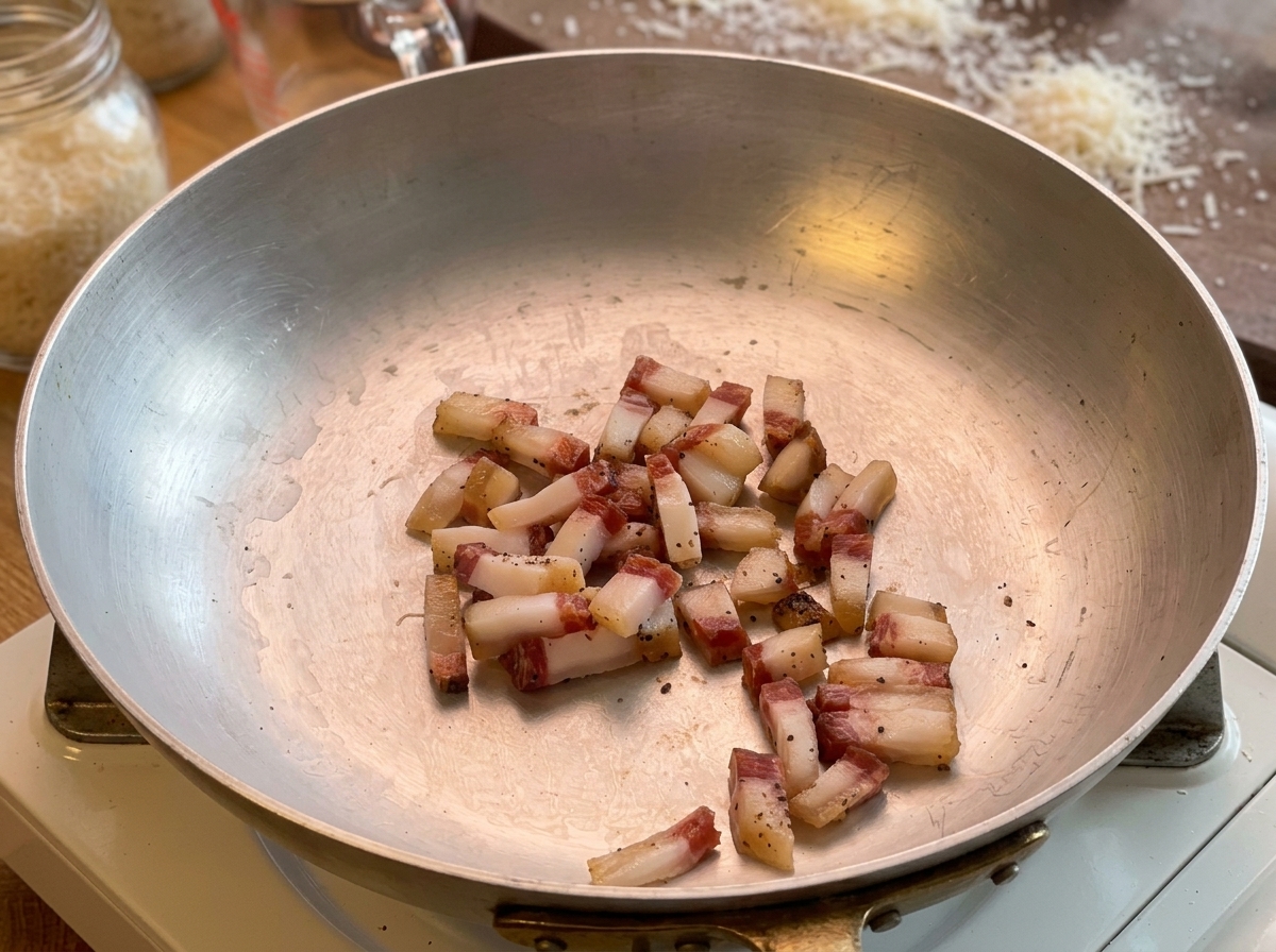 Bâtonnets de guanciale cuisant dans une poêle en inox, libérant leur gras liquide.