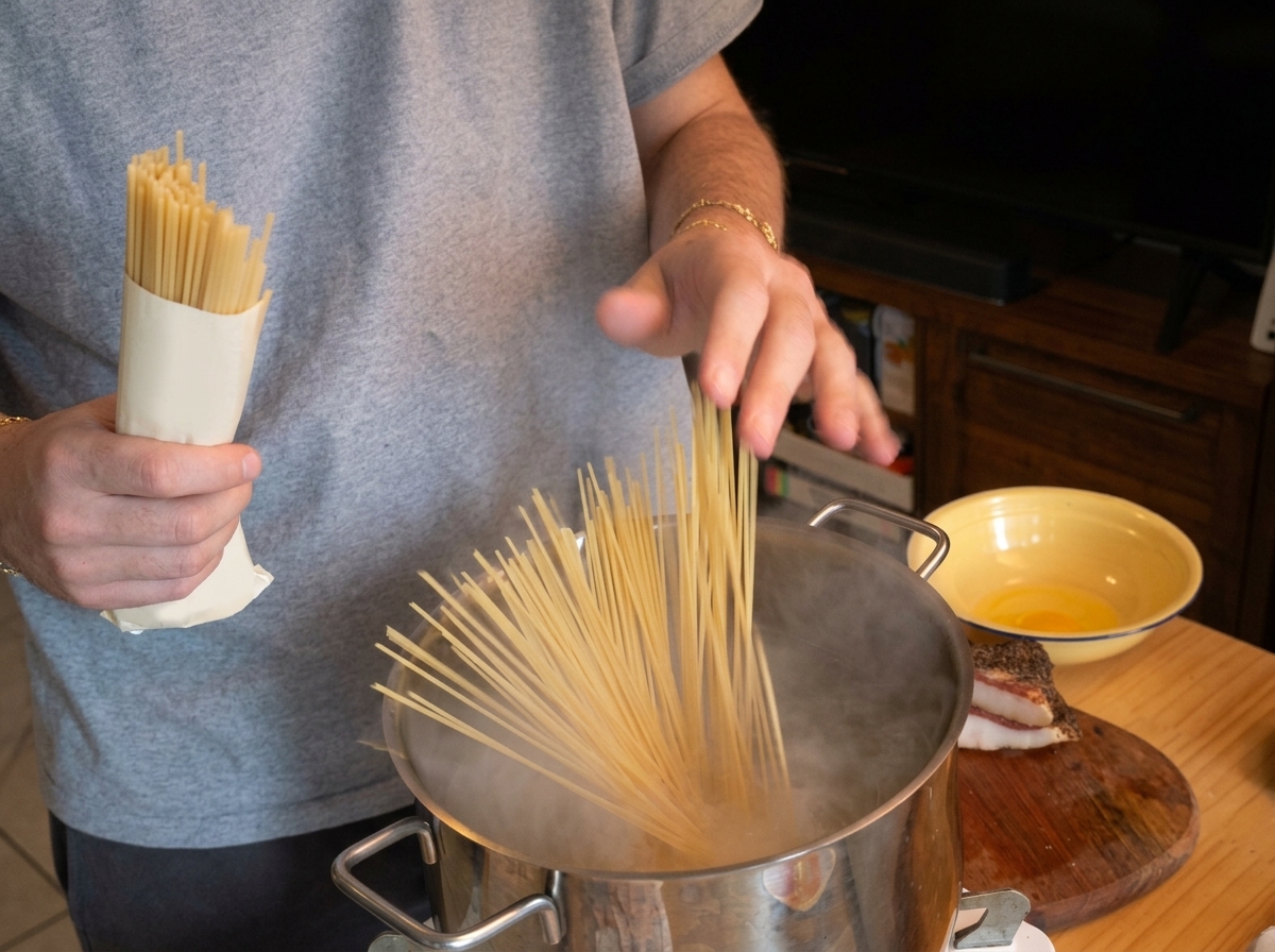 Mains plongeant une poignée de spaghetti dans une casserole deau bouillante fumante.